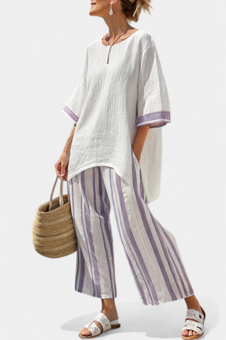 Claire | Lila stripe linen set