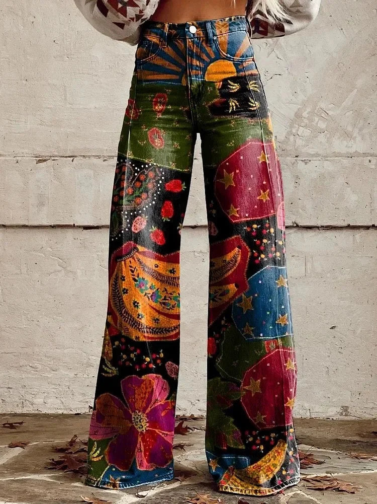 Plus Size Women Wide Leg Pants Faux Denim 3D Printed Flared Trousers Stretch Casual High Waist Fashion Yoga Pants